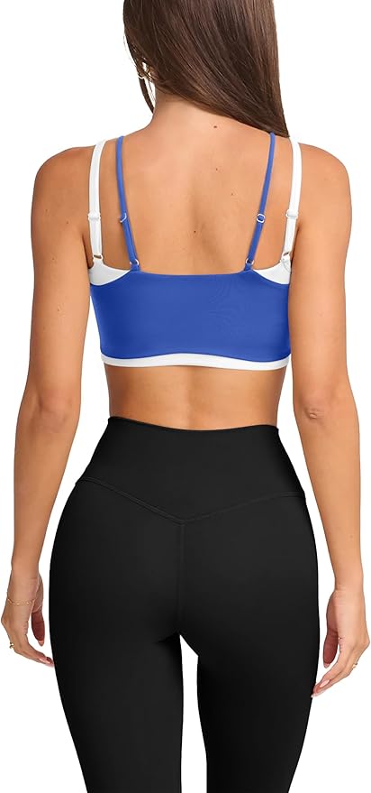 LASLULU Womens Double Layered Sports Bra Adjustable Spaghetti Straps Sexy Scoop Neck Wireless Padded Workout Yoga Crop Tops