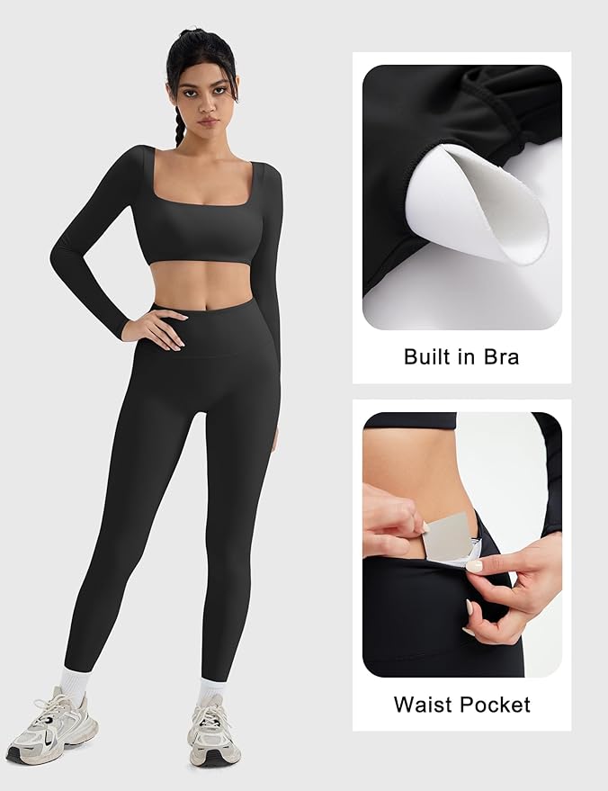SUUKSESS Women 2 Piece Workout Sets Compression Tummy Control Leggings with Pockets Long Sleeve Square Neck Padded Crop Tops