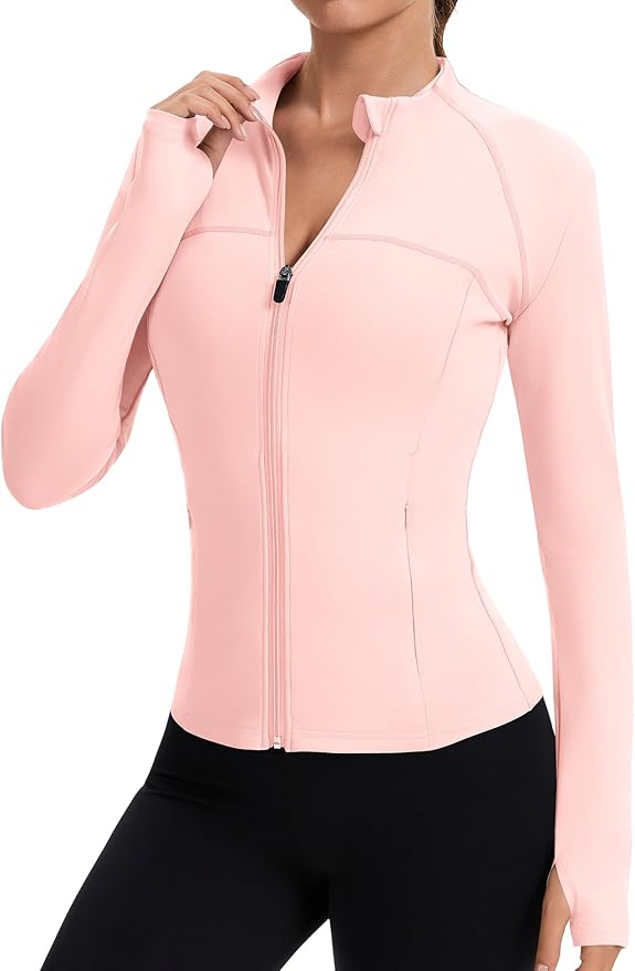 Rapbin Women's Full Zip Workout jackets Runing Slim Fit Athletic Tops With Thumb Holes