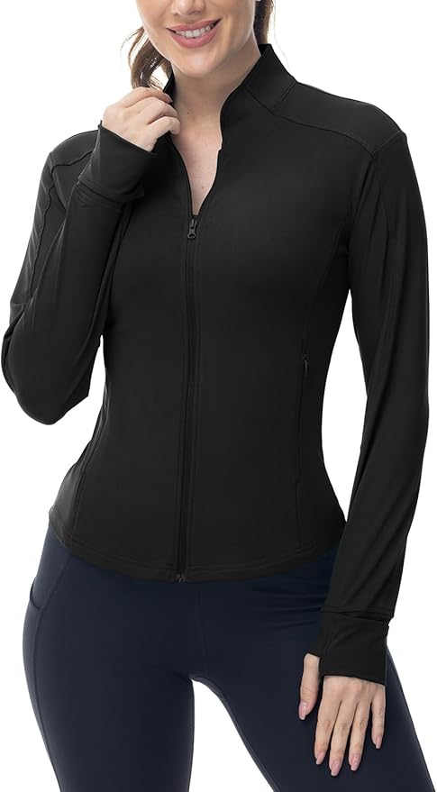 BGOWATU Women's Workout Athletic Jacket Full Zip Running Jackets Gym Yoga Track Tops with Pockets Thumb Hole