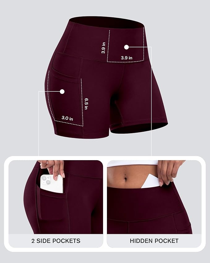 CHRLEISURE Womens Biker Yoga Shorts with Pocket, High Waisted Tummy Control 5 Inch Workout Spandex Athletic Gym Shorts