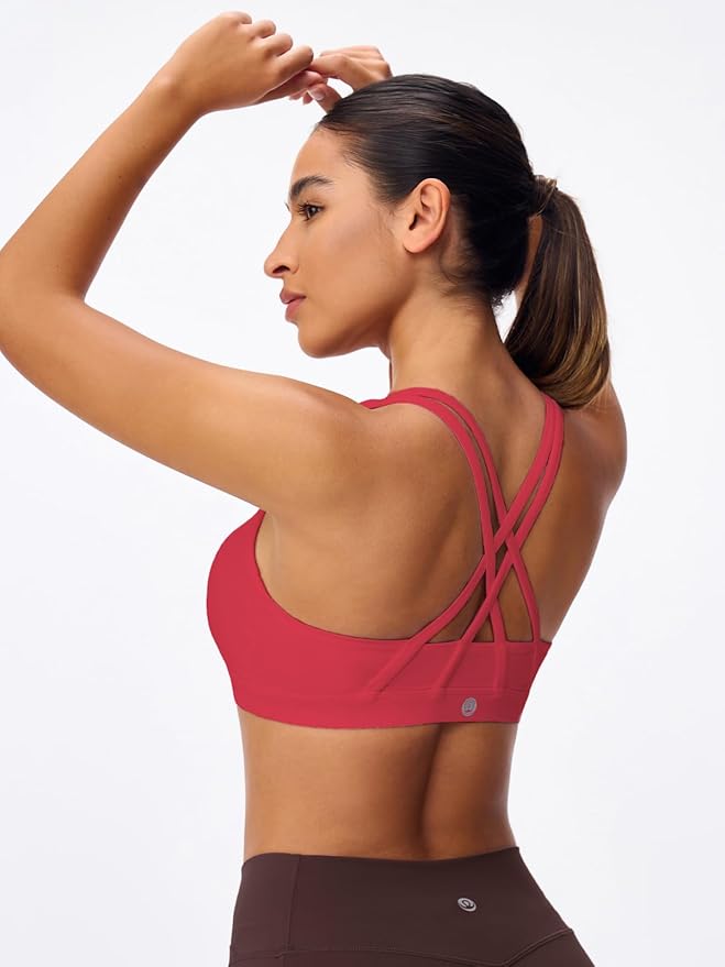 Women's Strappy Sports Bras Light Compression Crop Criss Cross Back Padded Workout Yoga Bra Supportive U Neckline