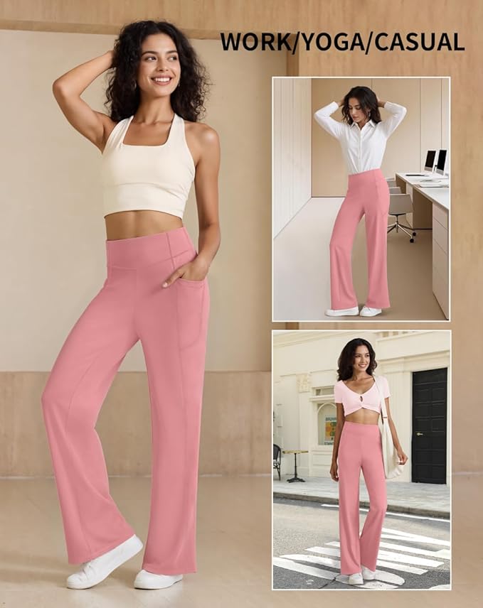 Womens High Waist Yoga Pants Stretchy Casual Trousers Straight Leg Pull On Side Pockets