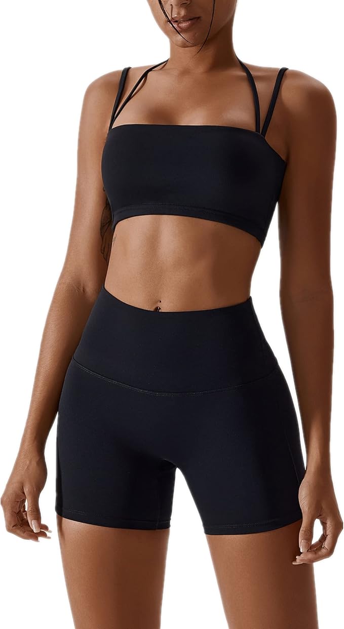 ABOCIW Workout Sets for Women 2 Piece Twist Front Halter Sports Bras High Waist Biker Shorts Exercise Gym Yoga Outfit