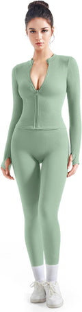 SUUKSESS Women 2 Piece Seamless Ribbed Workout Sets With Zip Up Jacket High Waisted Gym Yoga Leggings