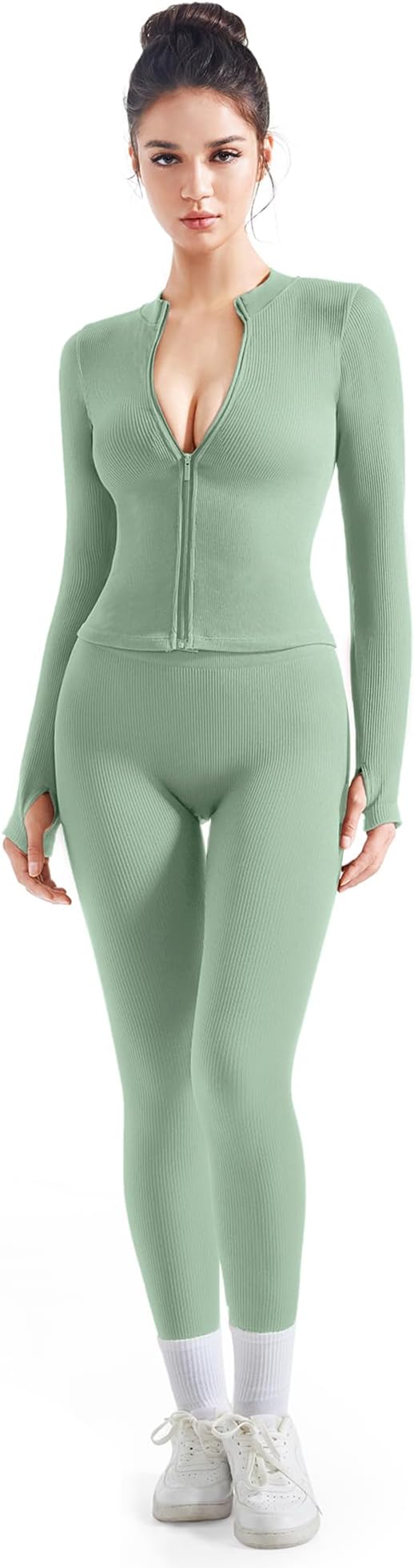 SUUKSESS Women 2 Piece Seamless Ribbed Workout Sets With Zip Up Jacket High Waisted Gym Yoga Leggings