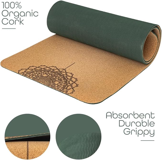 Workout Mat with Carrying Strap - 6mm Thick Cork Yoga Mat (72” x 24”) - Non-Slip Cork Mat for Home, Gym, Fitness & Hot Yoga - Lightweight, Cushioned, Durable & Sweat-Resistant by Fitby