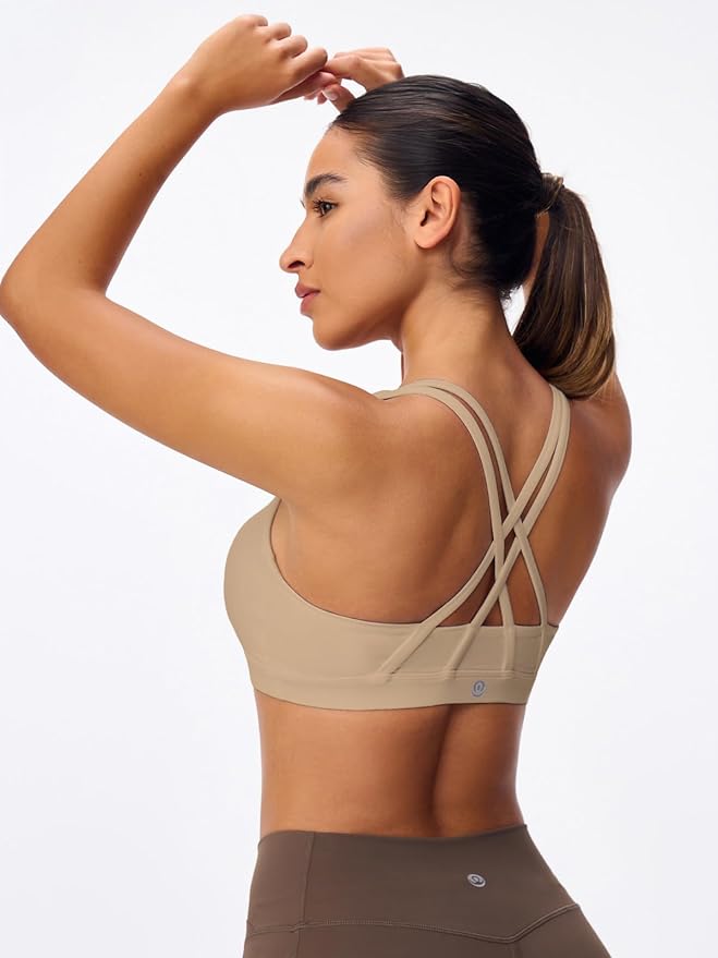 Women's Strappy Sports Bras Light Compression Crop Criss Cross Back Padded Workout Yoga Bra Supportive U Neckline