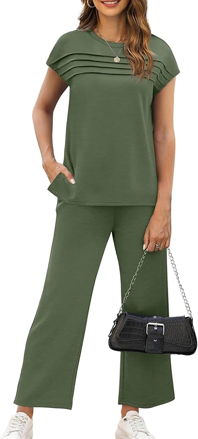 WIHOLL Two Piece Sets for Women Summer Spring Travel Vacation Outfits Cap Sleeve Lounge Matching Sets Wide Leg Pants S-3XL