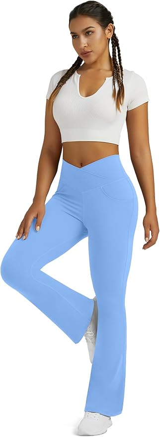 Flare Leggings for Women Yoga Pants with Pockets High Waisted Crossover Flare Leggings Bootcut Casual Yoga Pants