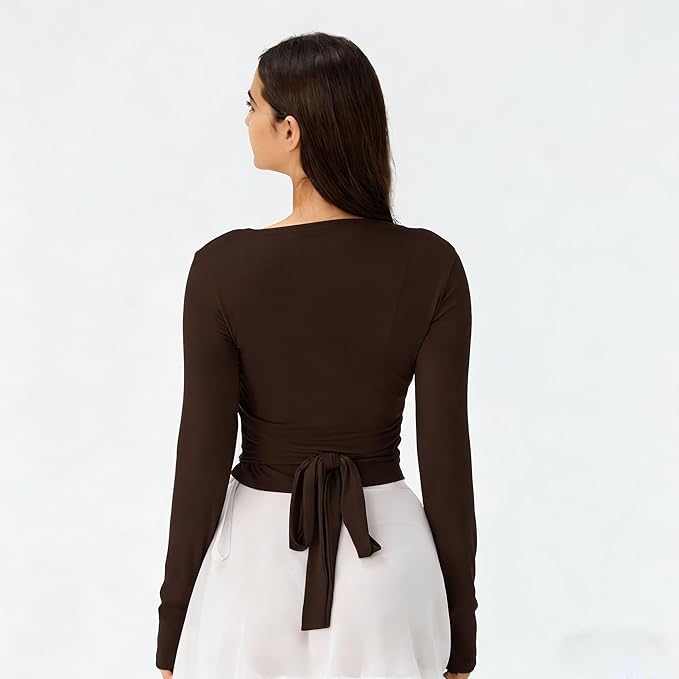 Women Wrap Top Thumb Hole Long Sleeve Self Tie Workout Shirt Pilates Ballet Yoga Tops