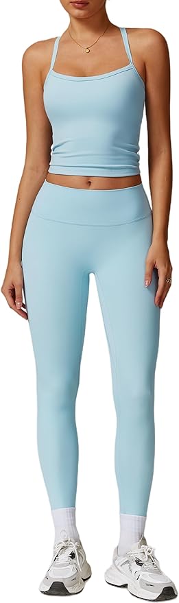 QBGJTD Womens Workout Sets Two Piece Cross Back Tank Top Matching High Waist Leggings Sets Gym Outfits Work Out Clothes