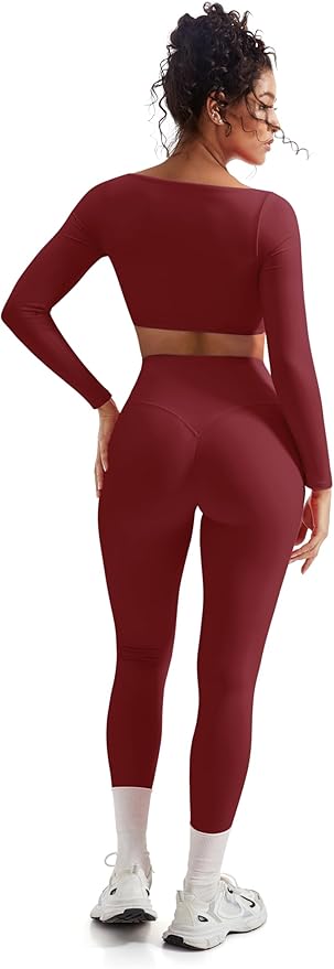 SUUKSESS Women 2 Piece Workout Sets Compression Tummy Control Leggings with Pockets Long Sleeve Square Neck Padded Crop Tops