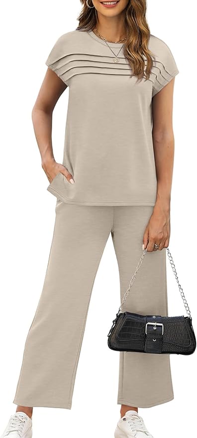 WIHOLL Two Piece Sets for Women Summer Spring Travel Vacation Outfits Cap Sleeve Lounge Matching Sets Wide Leg Pants S-3XL