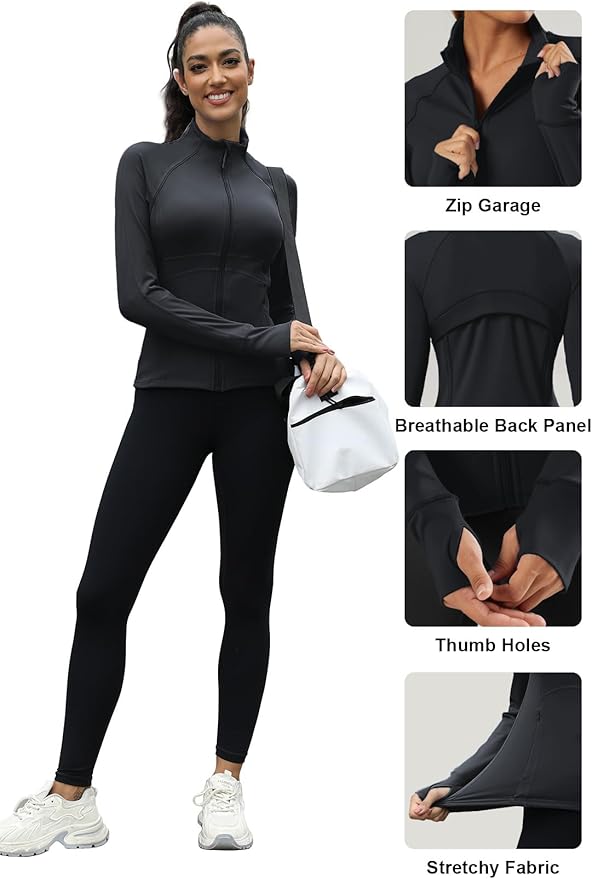 Waitfairy Zip Up Jackets for Women Yoga Gym Top Running Workout Jackets for Woman Track Jacket Women with Thumb Holes