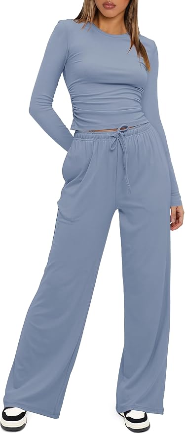 Darong Women's 2 Piece Outfits Lounge Sets 2026 Long Sleeve Tops Wide Leg Pants Casual Matching Set
