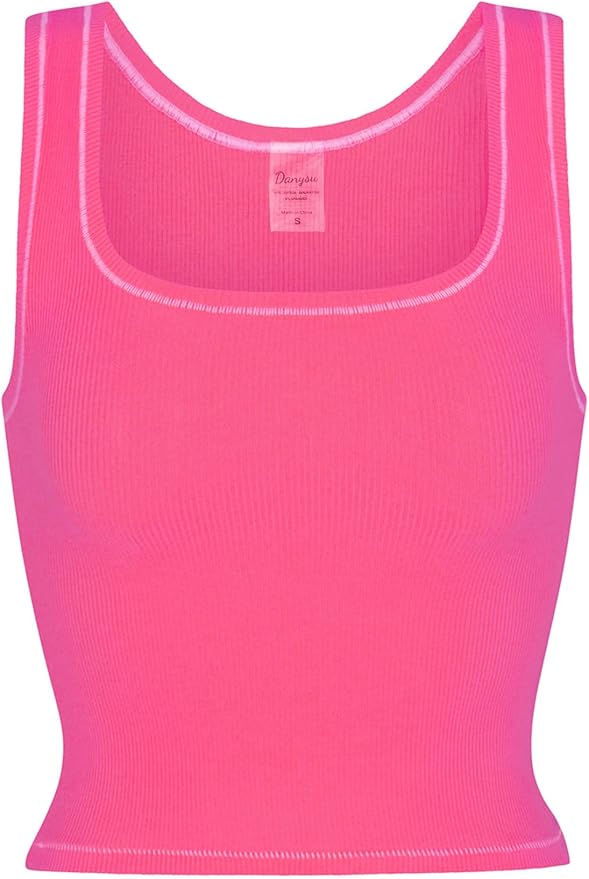Danysu Women Rib Tank Top Padded Workout Top Square Neck Crop Tank Fitted Basic Cami Tops
