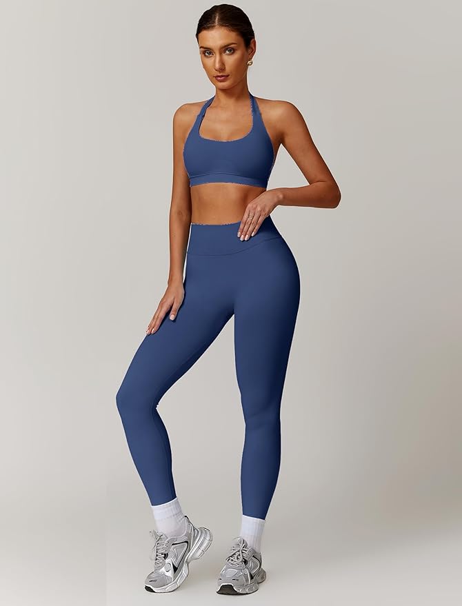 ABOCIW Workout Sets for Women Seamless Scunch Butt Lifting Impact Leggings Halter Sports Bra 2 Piece Gym Outfits