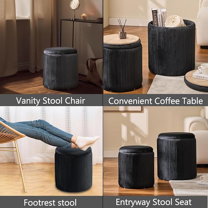 BLEXA Round Set of 2 Ottoman with Storage-Upholstered Velvet Vanity Stool for Makeup Multifunctional Ottomans Coffee Table Padded Seat Foot Rest for Living Room&Bedroom (Black)