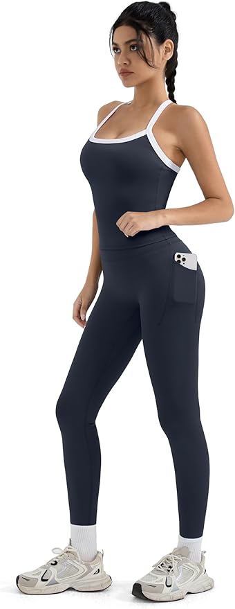 SUUKSESS Women 2 Piece Workout Sets Compression Tummy Control Leggings with Pockets Halter Built in Bra Tank Tops
