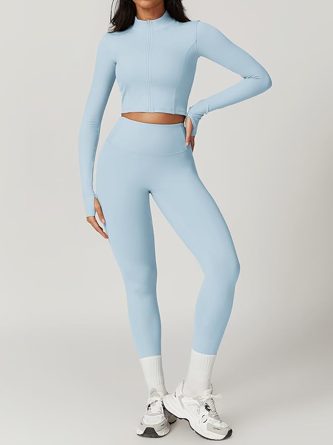 Yknktstc Womens Full Zip Athletic Jacket with Thumbhole Long Sleeve Crop Top Running Workout Yoga Sportswear Shirt