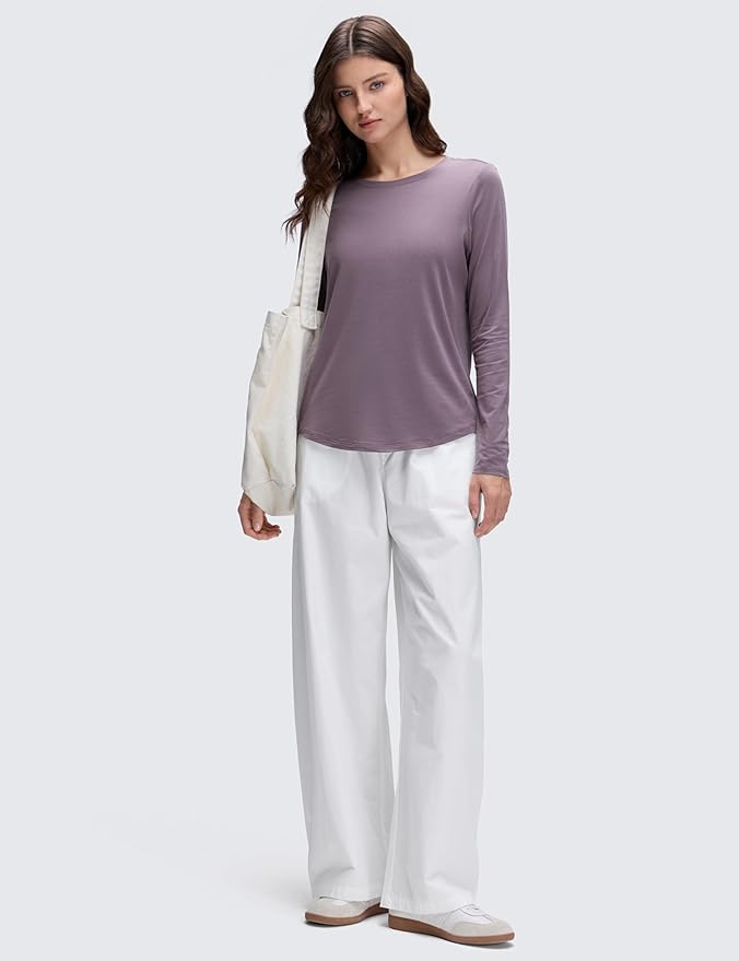 CRZ YOGA Pima Cotton Crewneck Long Sleeve Shirts for Women - Workout Athletic Yoga Casual Tops Soft Plain T-Shirt