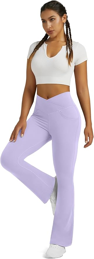 Flare Leggings for Women Yoga Pants with Pockets High Waisted Crossover Flare Leggings Bootcut Casual Yoga Pants