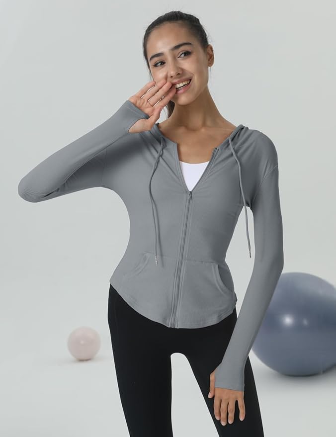 Locachy Womens Slim Fit Full Zip Hoodie Athletic Jacket Yoga Workout Running Jackets with Thumb Holes