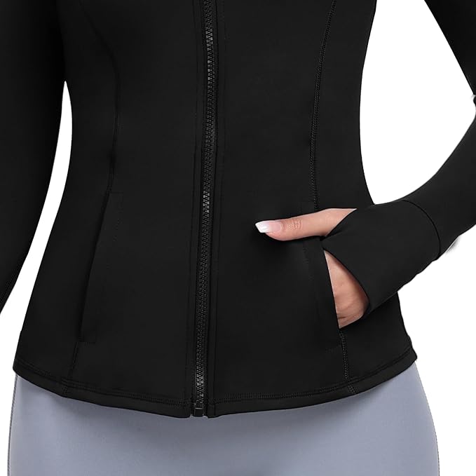 Women's Athletic Full Zip Lightweight Workout Jacket With Pockets Running Yoga Sportwear With Thumb Holes