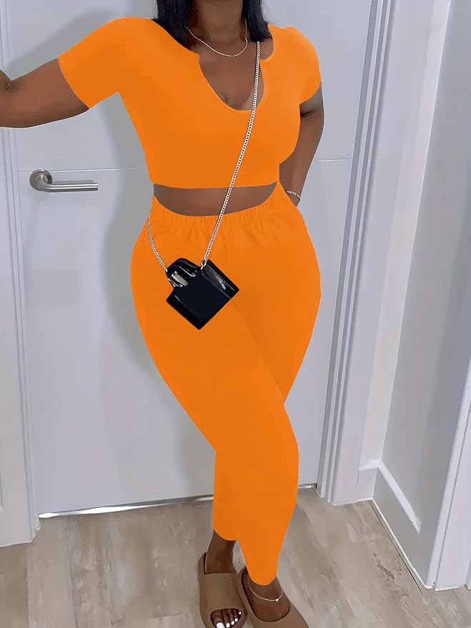 Nimsruc 2 Piece Sets For Women Sexy Casual Workout Crop Short Sleeve Long pants Leggings Sets Summer Active Wear