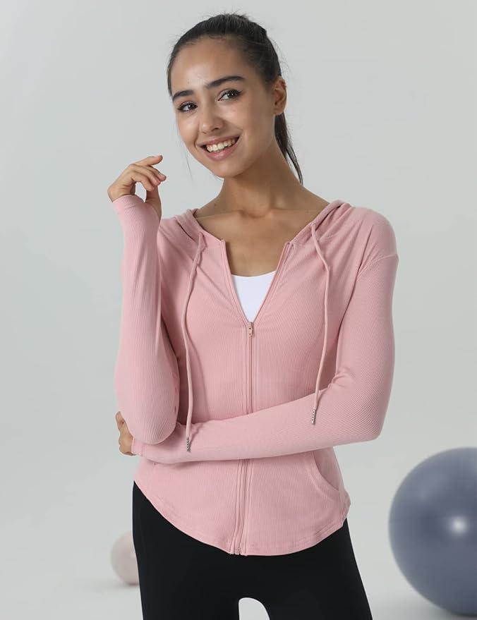 Locachy Womens Slim Fit Full Zip Hoodie Athletic Jacket Yoga Workout Running Jackets with Thumb Holes