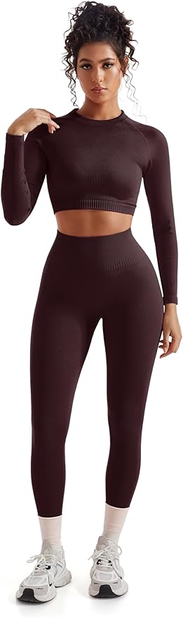 SUUKSESS Women 2 Piece Workout Sets Hidden Scrunch Hip Lifting Seamless Leggings Long Sleeve Yoga Crop Tops