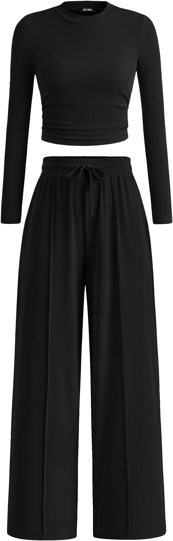 BTFBM Casual 2 Piece Sets For Women Fall Outfits 2026 Ribbed Spring Long Sleeve Crop Top Wide Leg Pants Matching Lounge Set