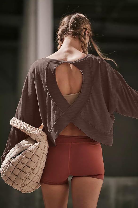 LASLULU Womens Open Back Long Sleeve Workout Tops Athletic Shirts Boat Neck Casual Running Tee Y2k Yoga Gym Tops
