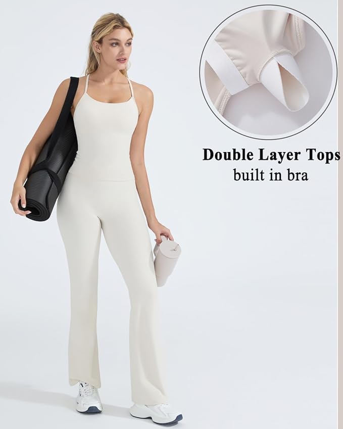 OMKAGI 2 Piece Workout Sets for Women Padded Tank Tops Flare Leggings Pilates Outfits