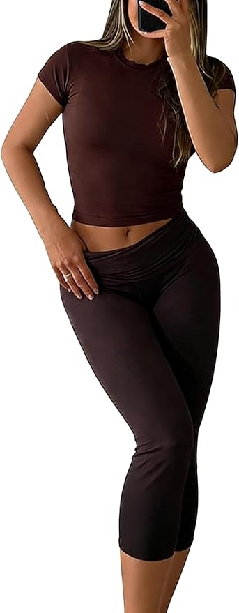 YETOWA Womens 2 Piece Workout Sets High Waisted Tummy Control Crop Top Capri Leggings Stretchy Soft Activewear