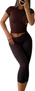 YETOWA Womens 2 Piece Workout Sets High Waisted Tummy Control Crop Top Capri Leggings Stretchy Soft Activewear