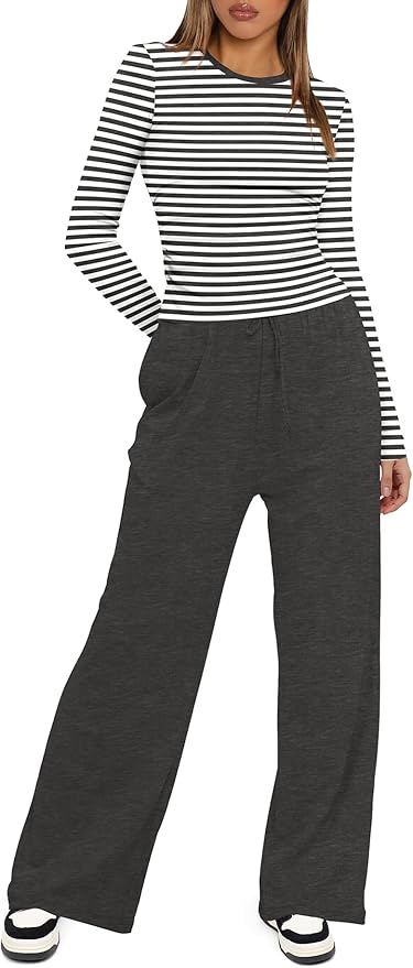 Darong Women's 2 Piece Outfits Lounge Sets 2026 Long Sleeve Tops Wide Leg Pants Casual Matching Set