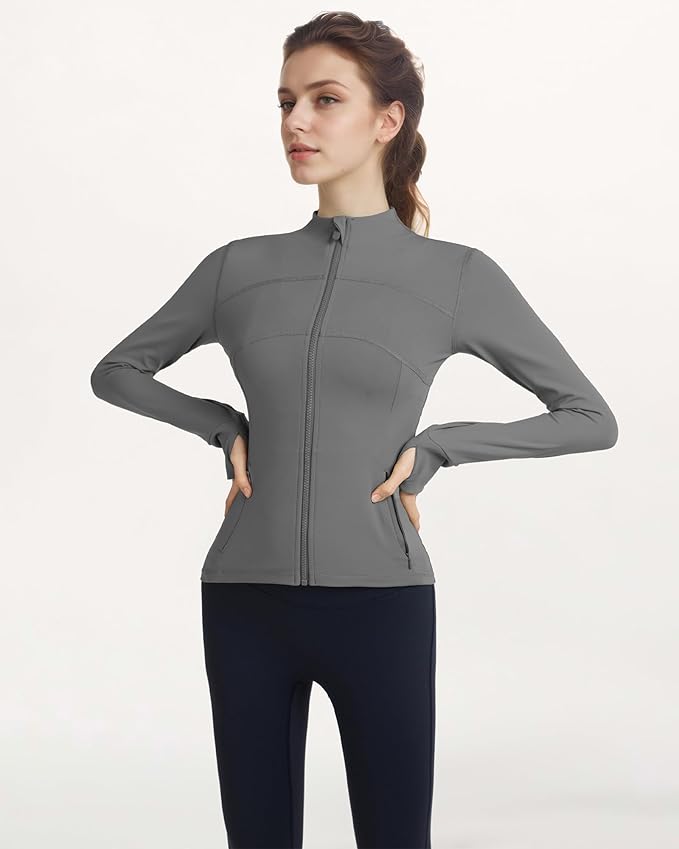 Locachy Women's Slim Fit Full Zip Athletic Running Sports Workout Jacket with Thumb Holes