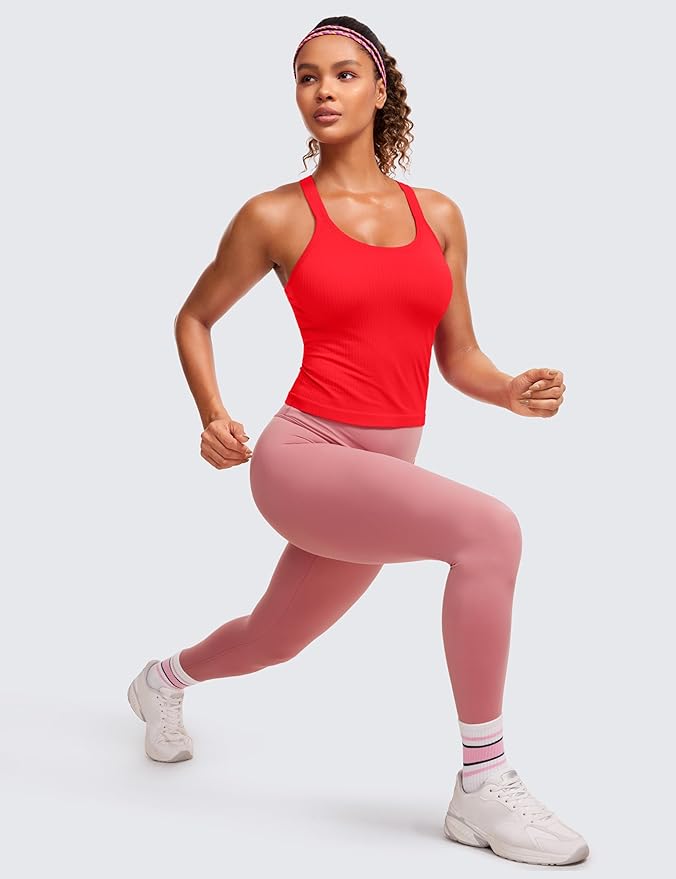 CRZ YOGA Seamless Ribbed Scoop Neck Tank Top for Women - Workout Racerback Padded Athletic Camisole with Built in Bra