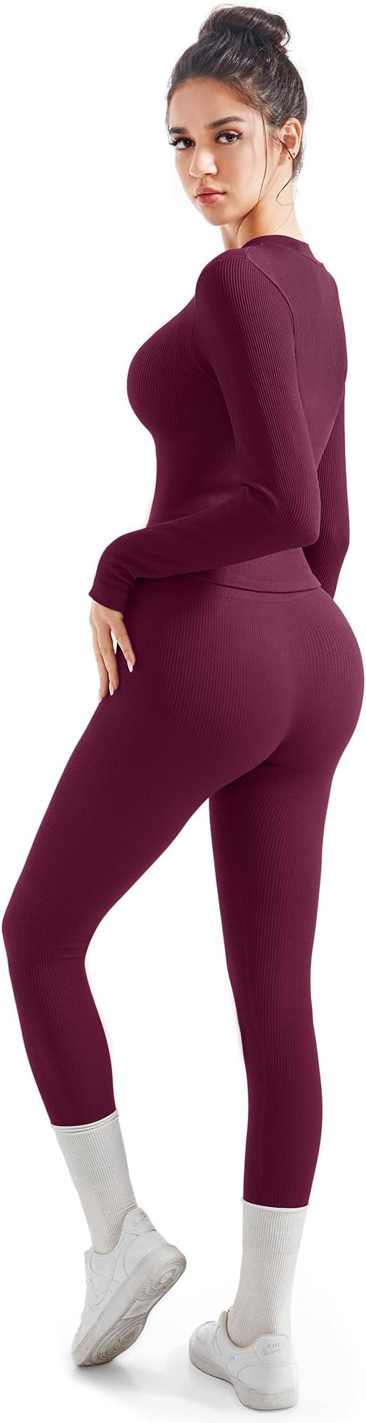 SUUKSESS Women 2 Piece Seamless Ribbed Workout Sets With Zip Up Jacket High Waisted Gym Yoga Leggings