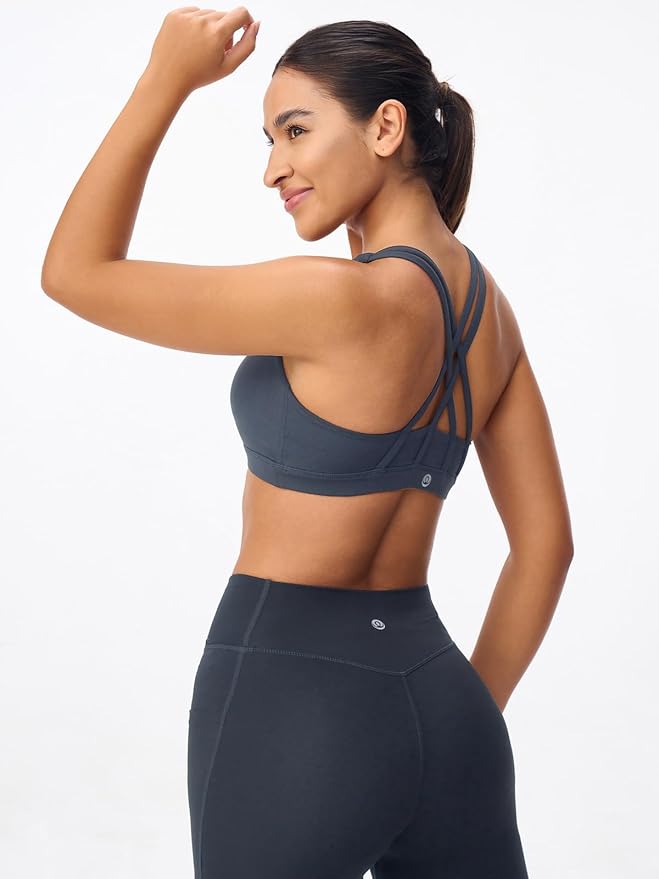 Women's Strappy Sports Bras Light Compression Crop Criss Cross Back Padded Workout Yoga Bra Supportive U Neckline