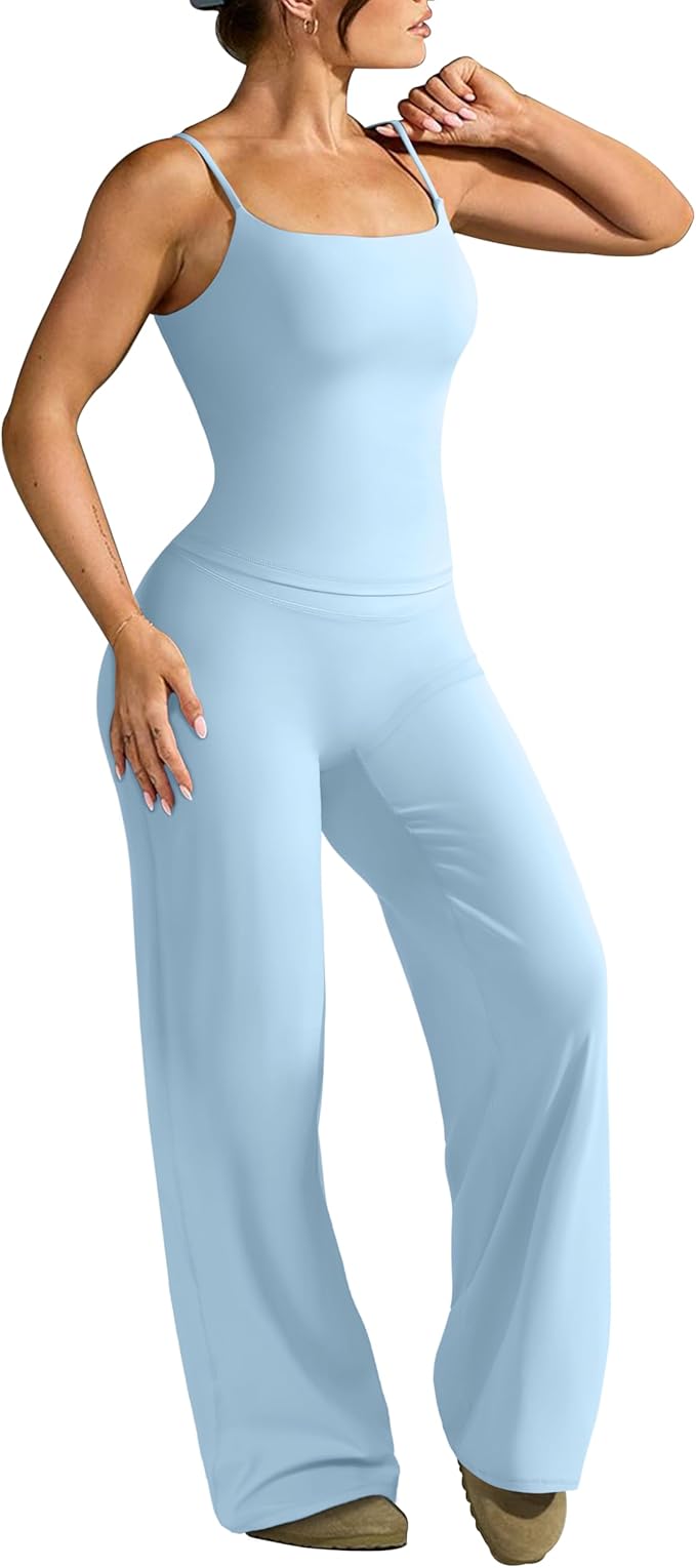 OMKAGI Workout Sets for Women Padded Tank Tops Matching Straight Leg Yoga Outfits