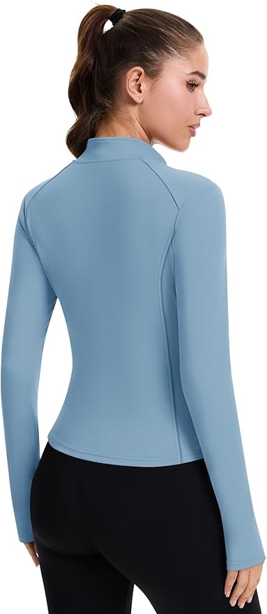 ZHENWEI Workout Jackets for Women Full Zip Up Cropped Athletic Long Sleeve Lightweight Slim Fit Running Tops with Pockets