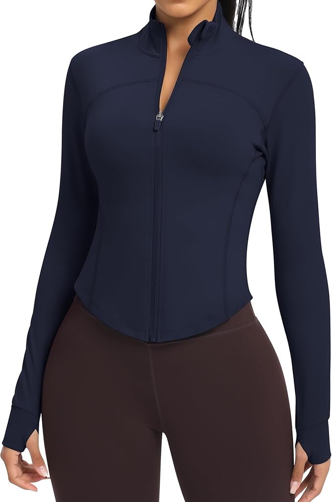 Women BBL Jacket Full Zip UP Workout Athletic Cropped Jacket wIth Thumb Holes Running Yoga Sportswear