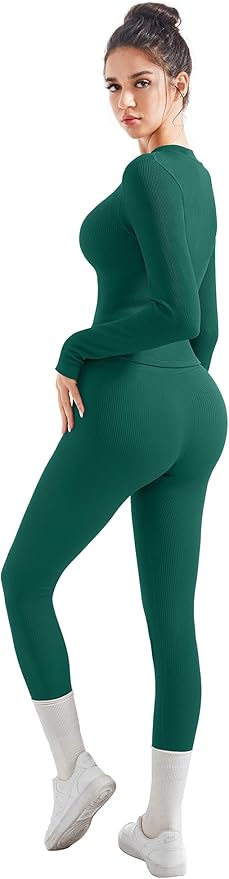 SUUKSESS Women 2 Piece Seamless Ribbed Workout Sets With Zip Up Jacket High Waisted Gym Yoga Leggings