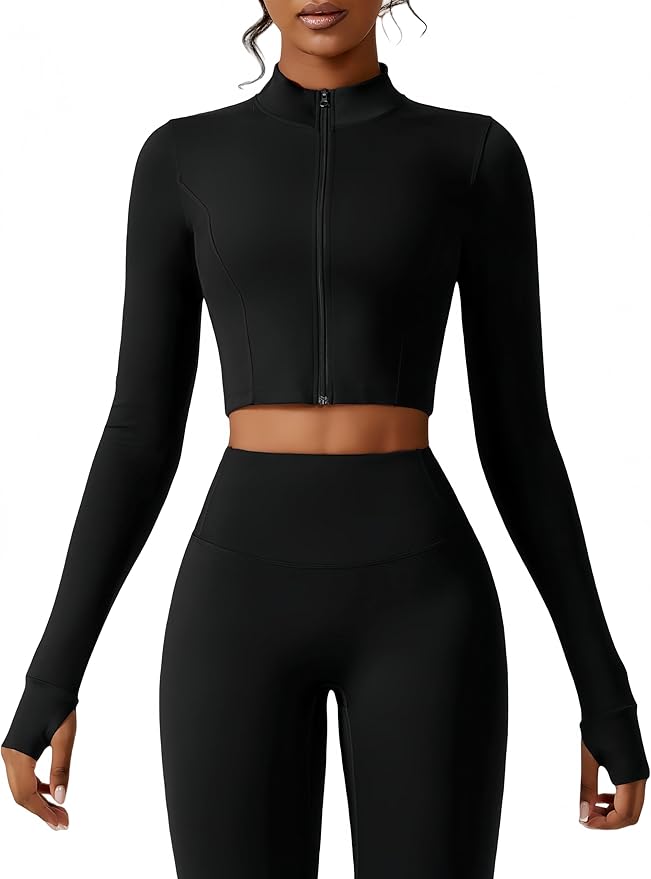 Yknktstc Womens Full Zip Athletic Jacket with Thumbhole Long Sleeve Crop Top Running Workout Yoga Sportswear Shirt