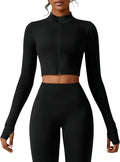 Yknktstc Womens Full Zip Athletic Jacket with Thumbhole Long Sleeve Crop Top Running Workout Yoga Sportswear Shirt