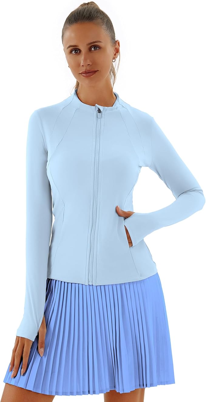 Women Jacket Full Zip UP Workout Athletic Cropped Jacket wIth Thumb Holes Running Yoga Sportswear