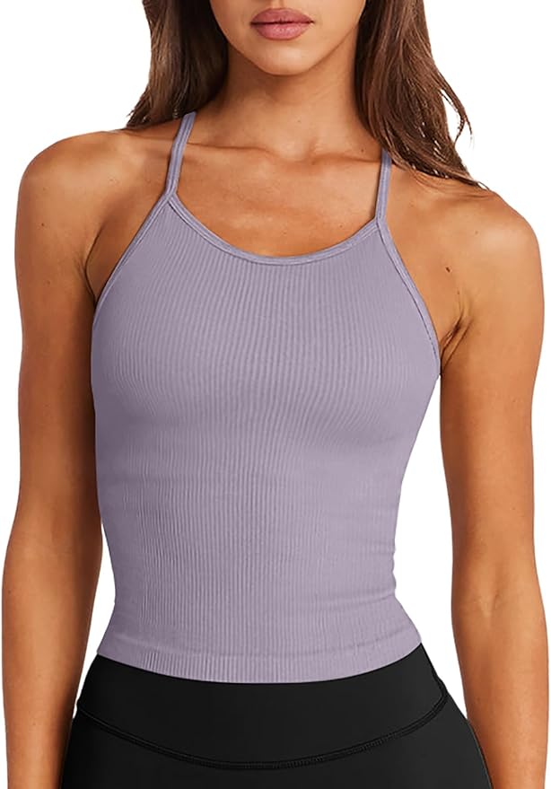LASLULU Womens Sports Bra Seamless Long Crop Tank Racer Back Spaghetti Strap Workout Yoga Bra Padded Halter Neck Casual Tops